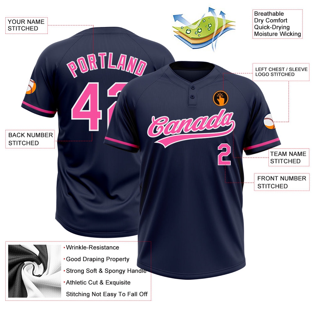 Navy Pink White Two Button Unisex Softball Jersey, Custom Team Softball Jersey