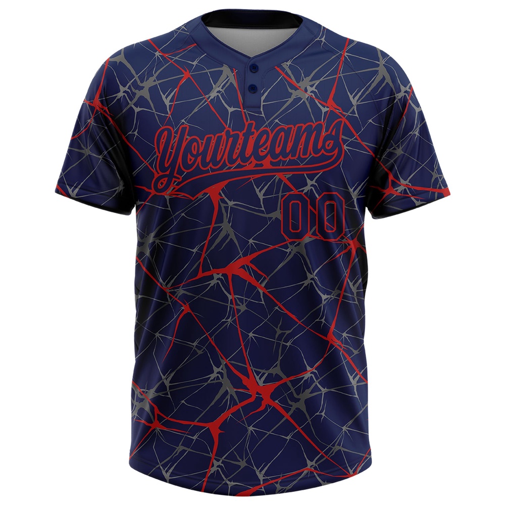 Navy Red 3D Pattern Abstract Network Two Button Unisex Softball Jersey, Custom Team Softball Jersey