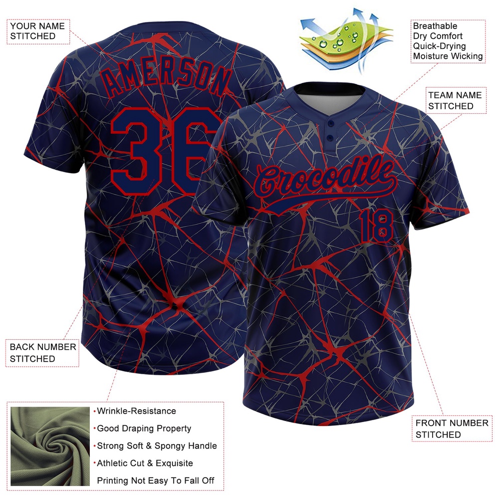 Navy Red 3D Pattern Abstract Network Two Button Unisex Softball Jersey, Custom Team Softball Jersey