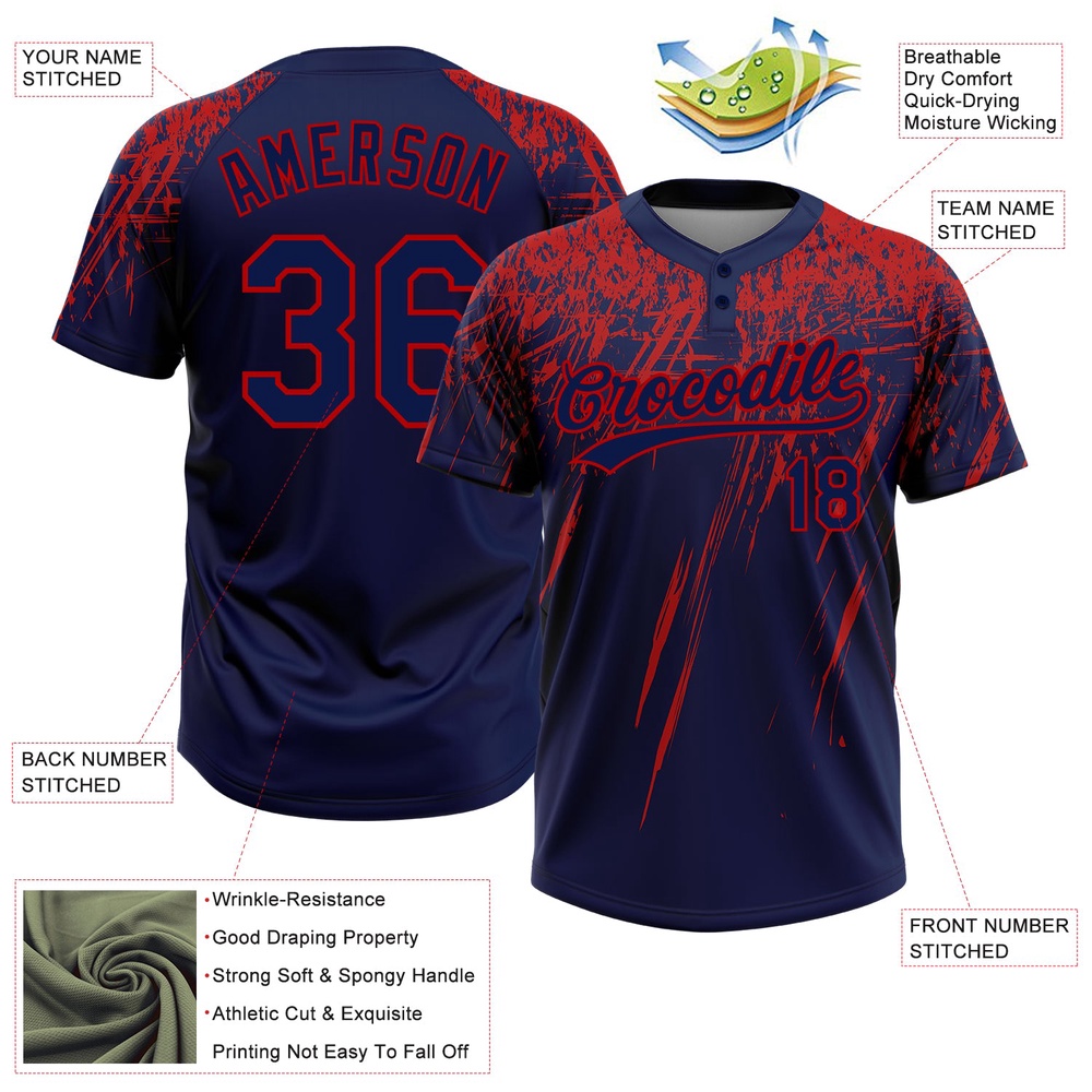 Navy Red 3D Pattern Abstract Sharp Shape Two Button Unisex Softball Jersey, Custom Team Softball Jersey