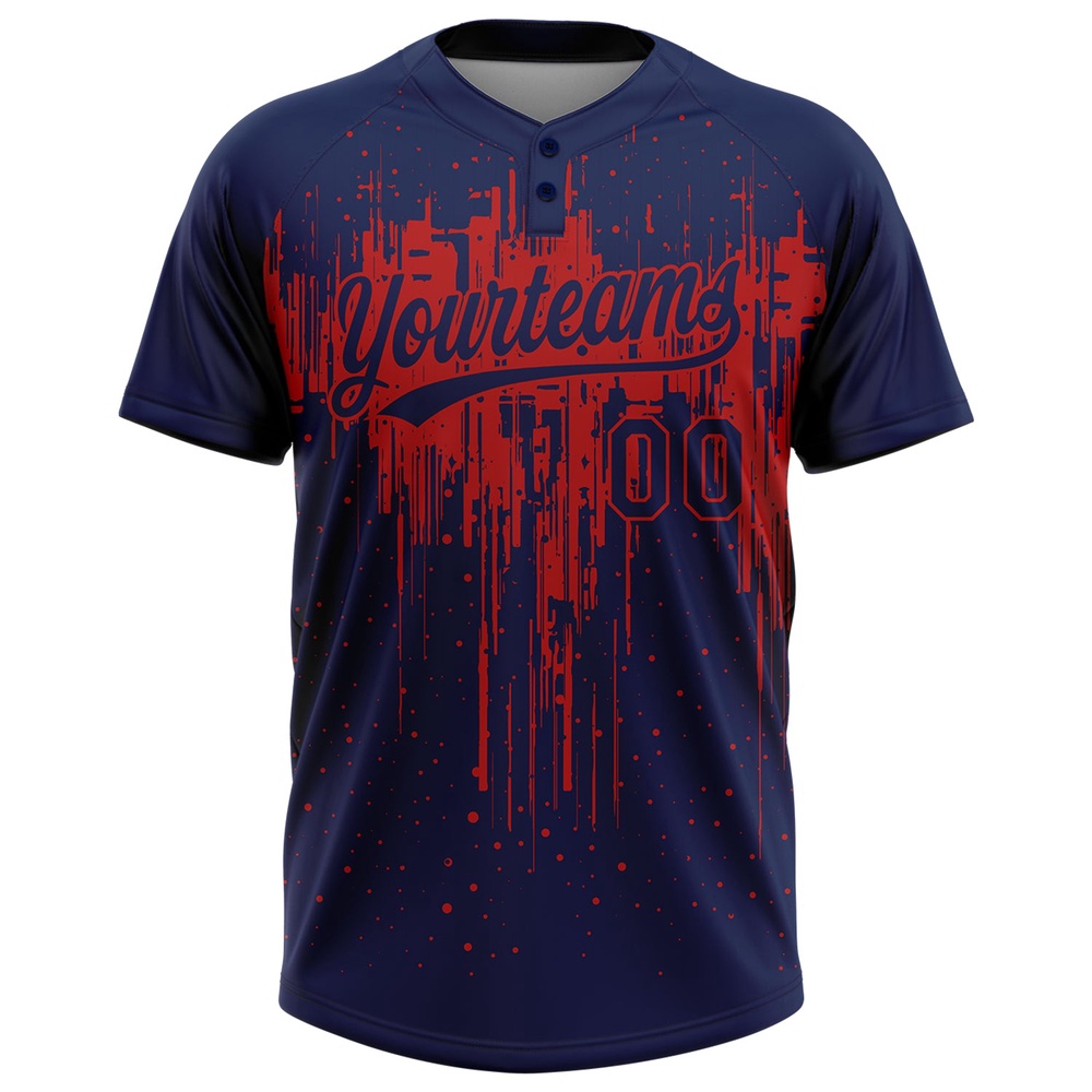 Navy Red 3D Pattern Dripping Splatter Art Two Button Unisex Softball Jersey, Custom Team Softball Jersey