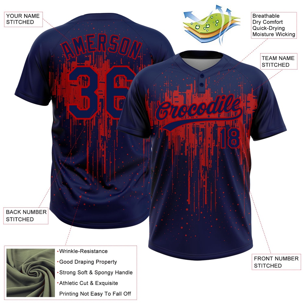 Navy Red 3D Pattern Dripping Splatter Art Two Button Unisex Softball Jersey, Custom Team Softball Jersey