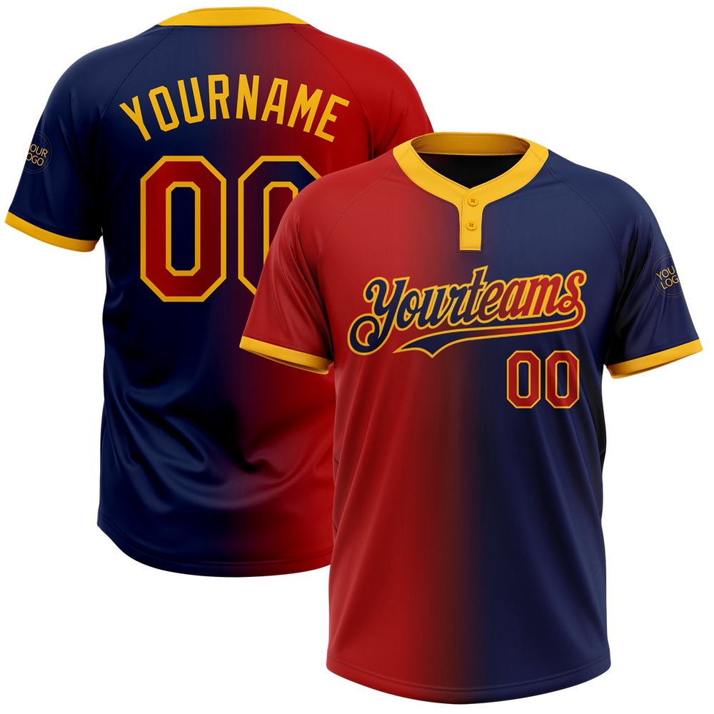 Navy Red Gold Gradient Fashion Two Button Unisex Softball Jersey, Custom Team Softball Jersey