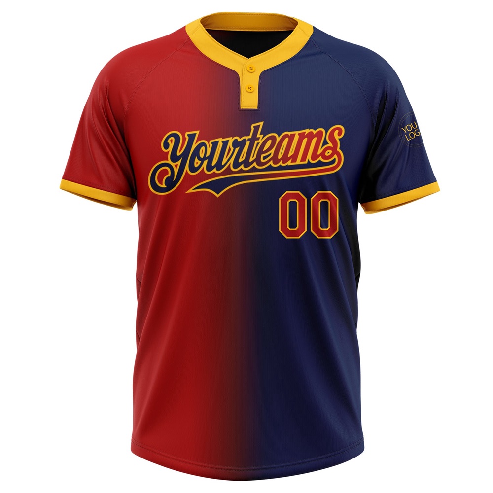 Navy Red Gold Gradient Fashion Two Button Unisex Softball Jersey, Custom Team Softball Jersey