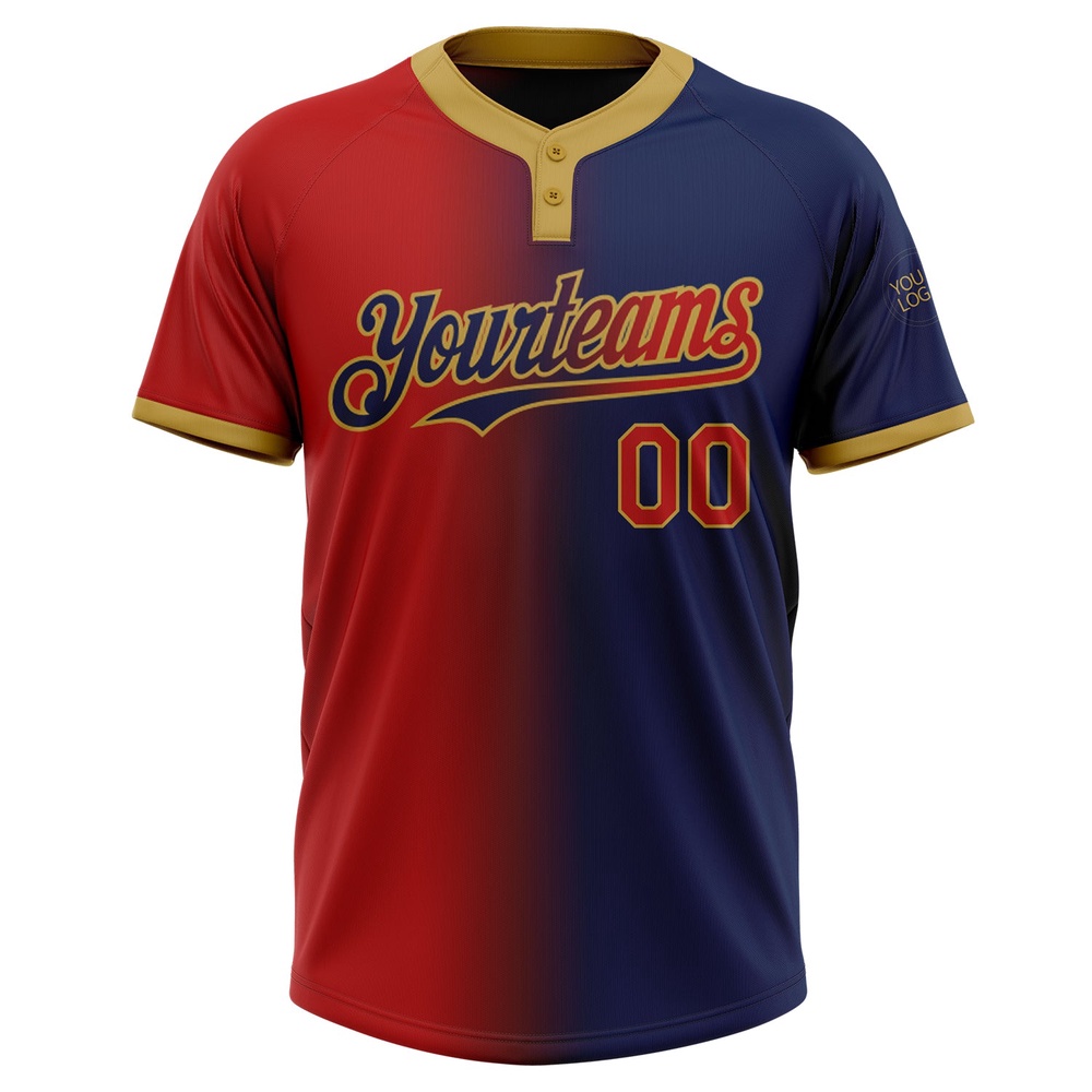Navy Red Old Gold Gradient Fashion Two Button Unisex Softball Jersey, Custom Team Softball Jersey