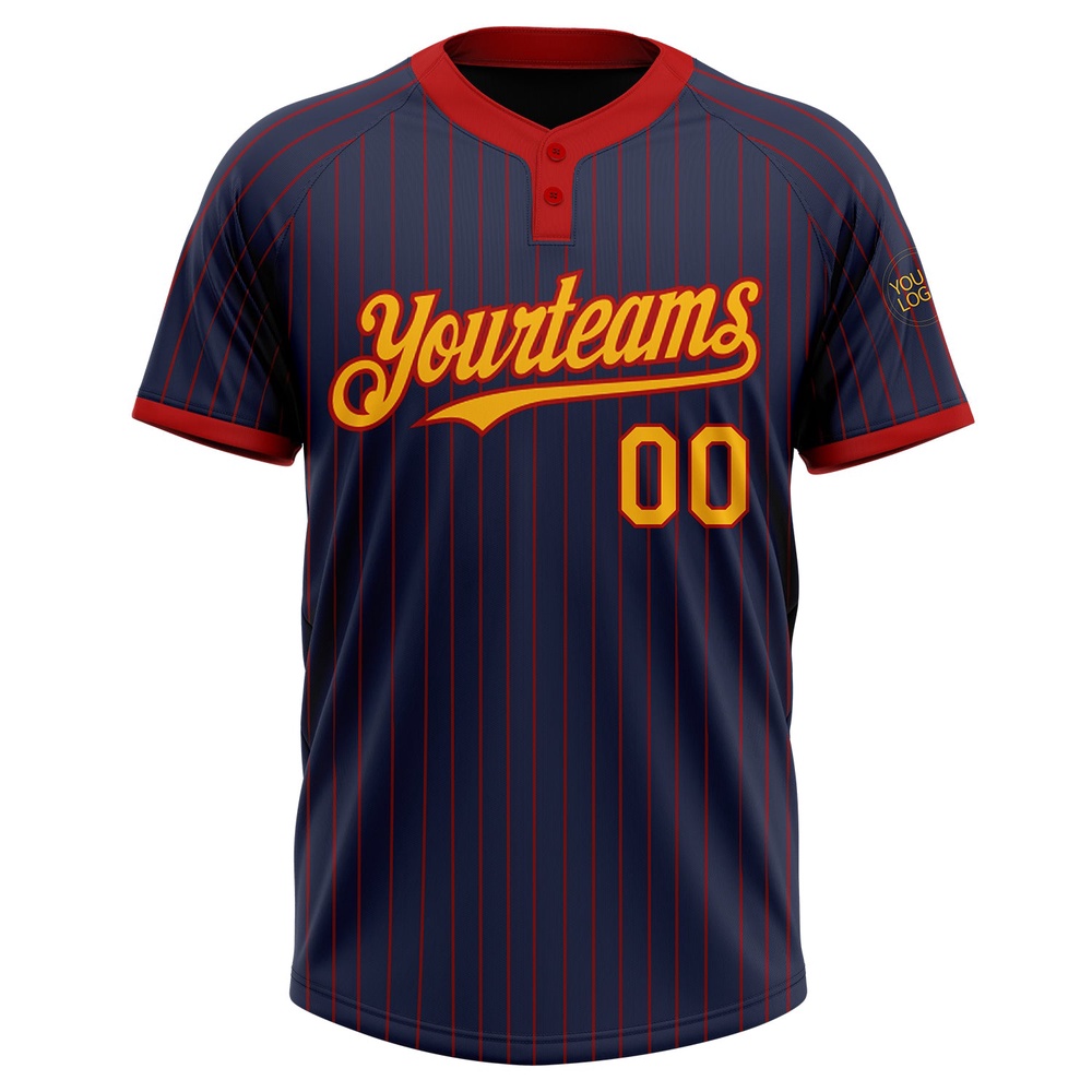 Navy Red Pinstripe Gold Two Button Unisex Softball Jersey, Custom Team Softball Jersey