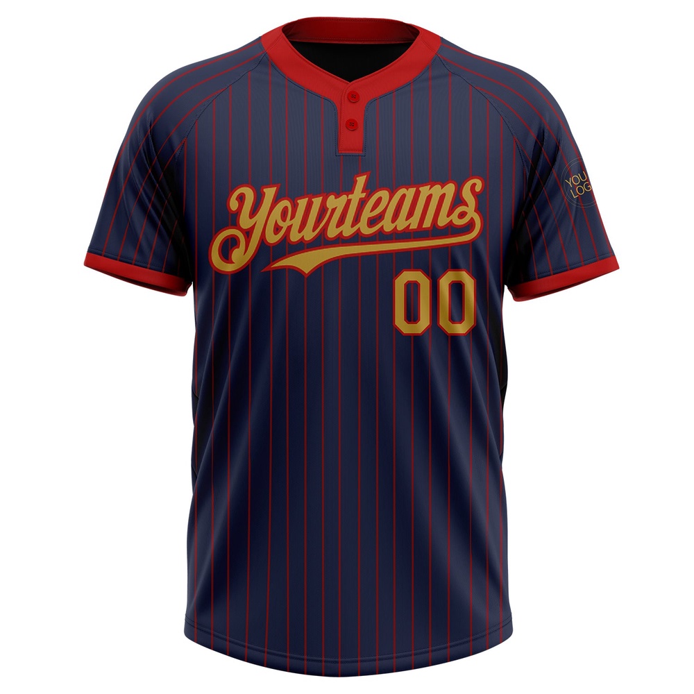 Navy Red Pinstripe Old Gold Two Button Unisex Softball Jersey, Custom Team Softball Jersey