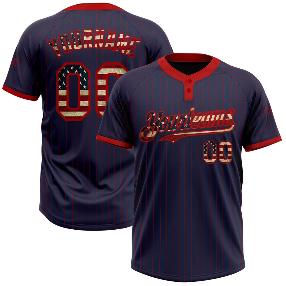 Navy Red Pinstripe Vintage USA Flag Two Button Unisex Softball Jersey, Custom Team Softball Jersey Navy Red Pinstripe Vintage USA Flag Two Button Unisex Softball Jersey, Custom Team Softball Jersey