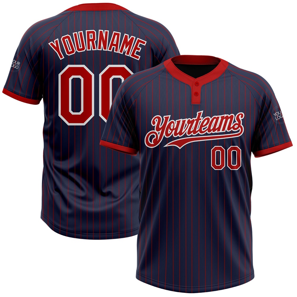 Navy Red Pinstripe White Two Button Unisex Softball Jersey, Custom Team Softball Jersey