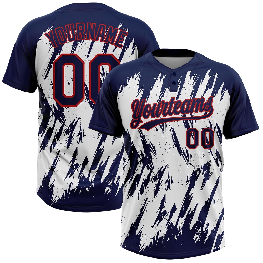 Navy Red White 3D Pattern Abstract Sharp Shape Two Button Unisex Softball Jersey, Custom Team Softball Jersey