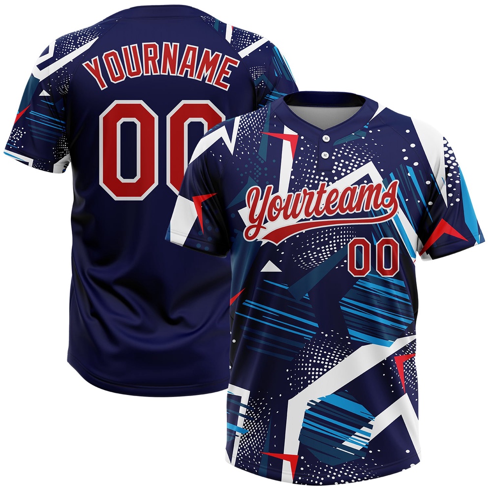 Navy Red White 3D Pattern Two Button Unisex Softball Jersey, Custom Team Softball Jersey