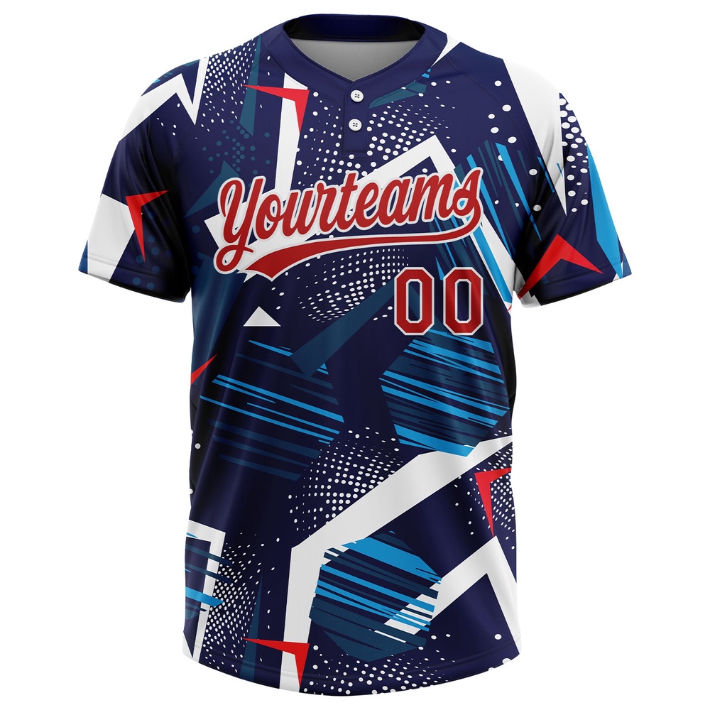Navy Red White 3D Pattern Two Button Unisex Softball Jersey, Custom Team Softball Jersey