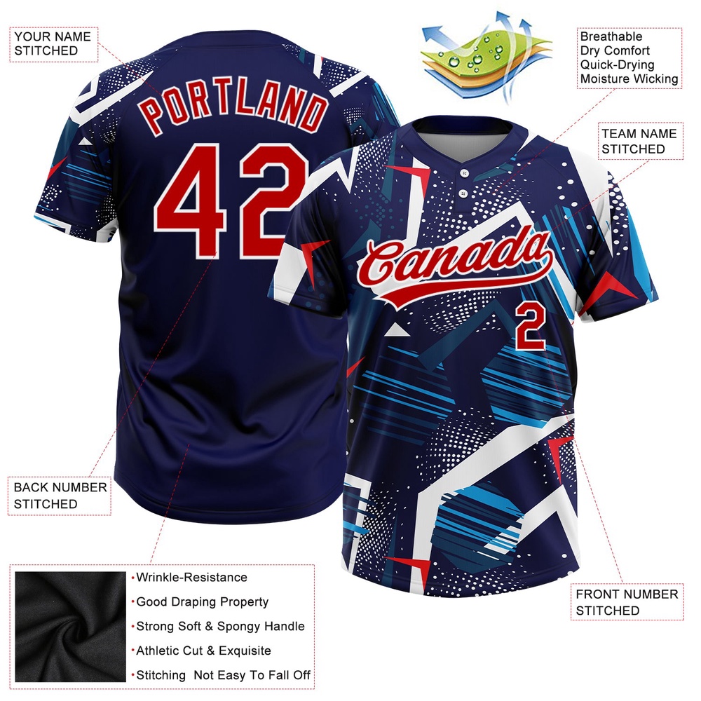 Navy Red White 3D Pattern Two Button Unisex Softball Jersey, Custom Team Softball Jersey