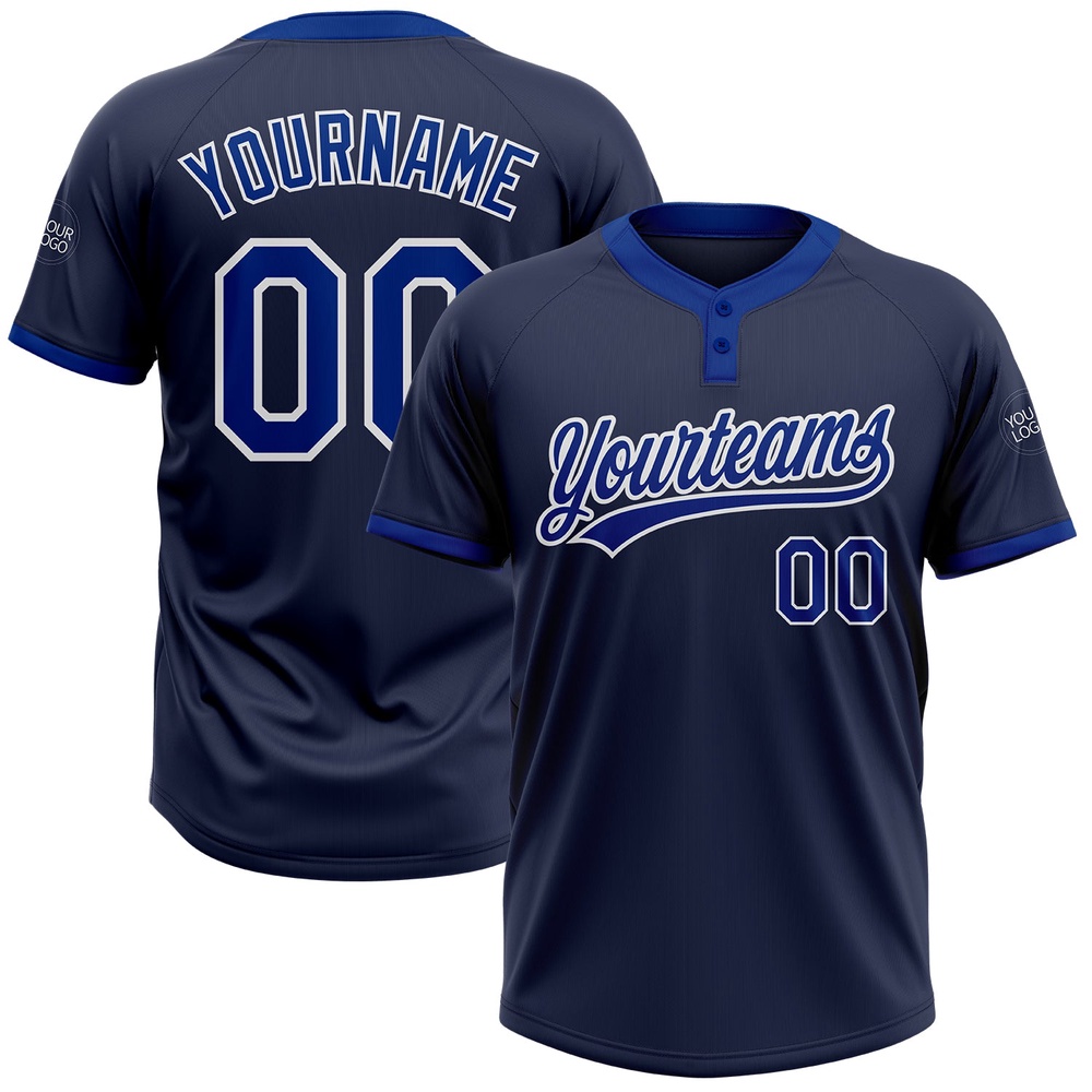 Navy Royal White Two Button Unisex Softball Jersey, Custom Team Softball Jersey