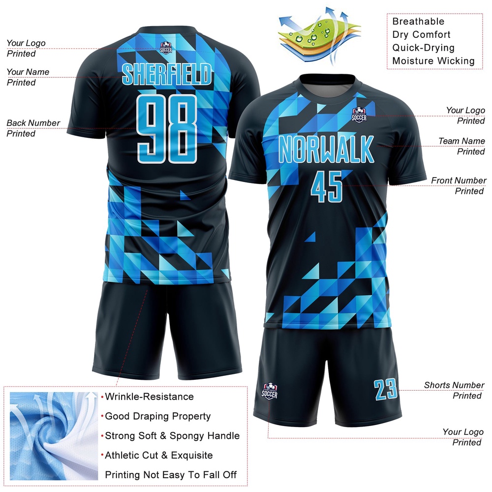 Navy Sky Blue White Geometric Shapes Sublimation Soccer Uniform Jersey, Custom Team Soccer Jersey Shirt Navy Sky Blue White Geometric Shapes Sublimation Soccer Uniform Jersey, Custom Team Soccer Jersey Shirt