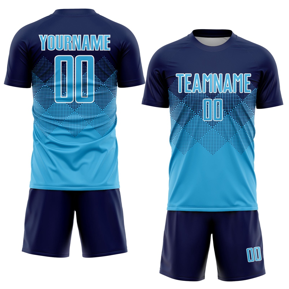 Navy Sky Blue White Sublimation Soccer Uniform Jersey, Custom Team Soccer Jersey Shirt Navy Sky Blue White Sublimation Soccer Uniform Jersey, Custom Team Soccer Jersey Shirt