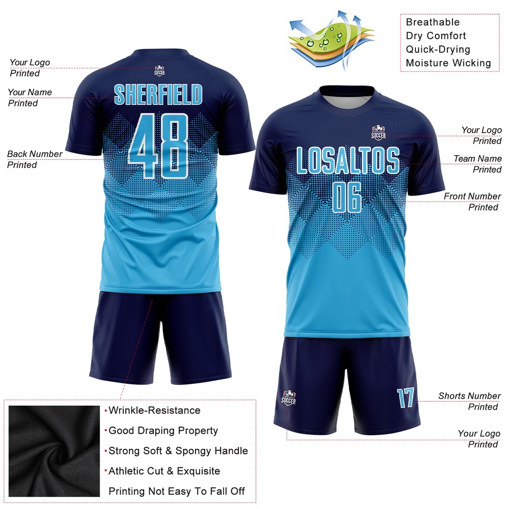Navy Sky Blue White Sublimation Soccer Uniform Jersey, Custom Team Soccer Jersey Shirt Navy Sky Blue White Sublimation Soccer Uniform Jersey, Custom Team Soccer Jersey Shirt