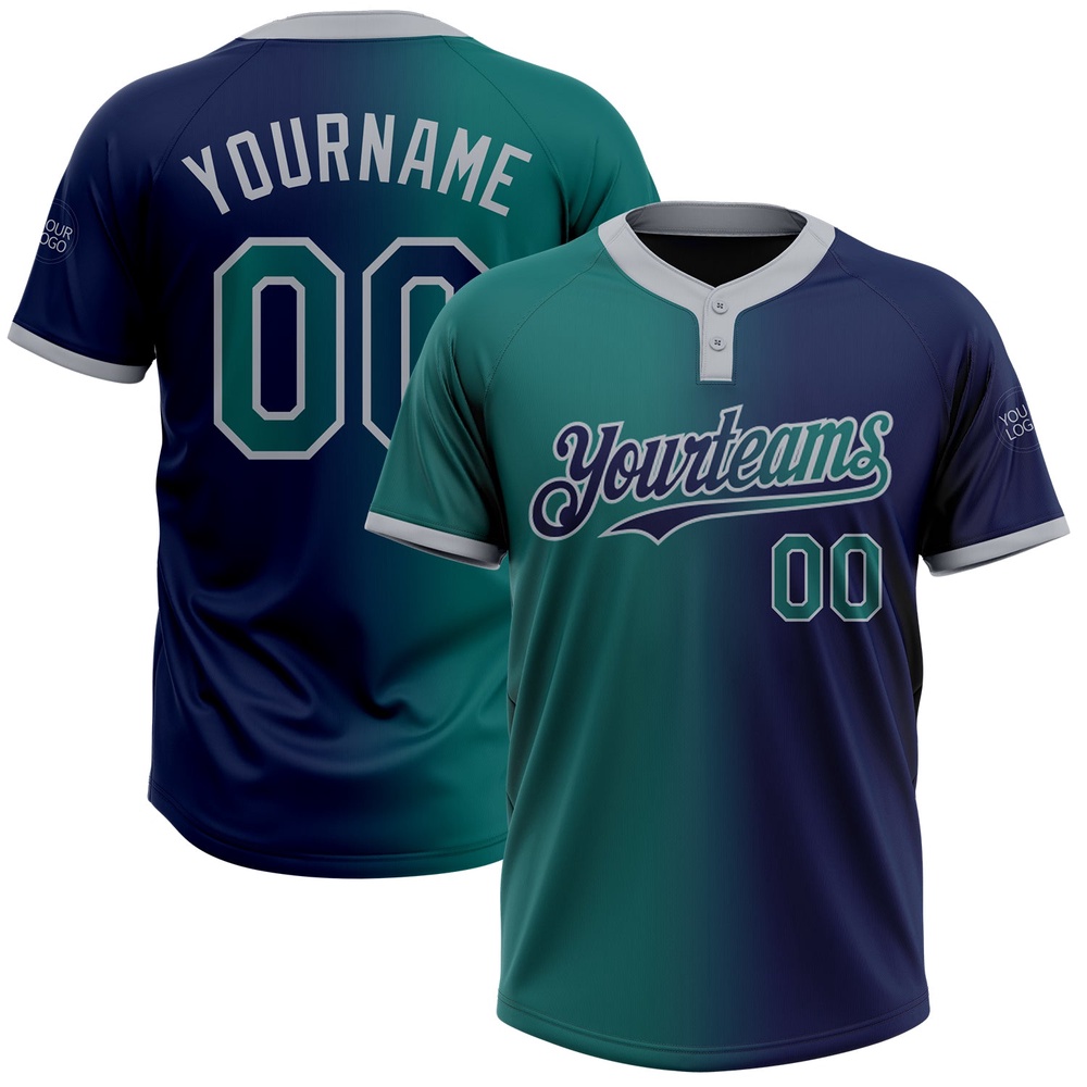 Navy Teal Gray Gradient Fashion Two Button Unisex Softball Jersey, Custom Team Softball Jersey