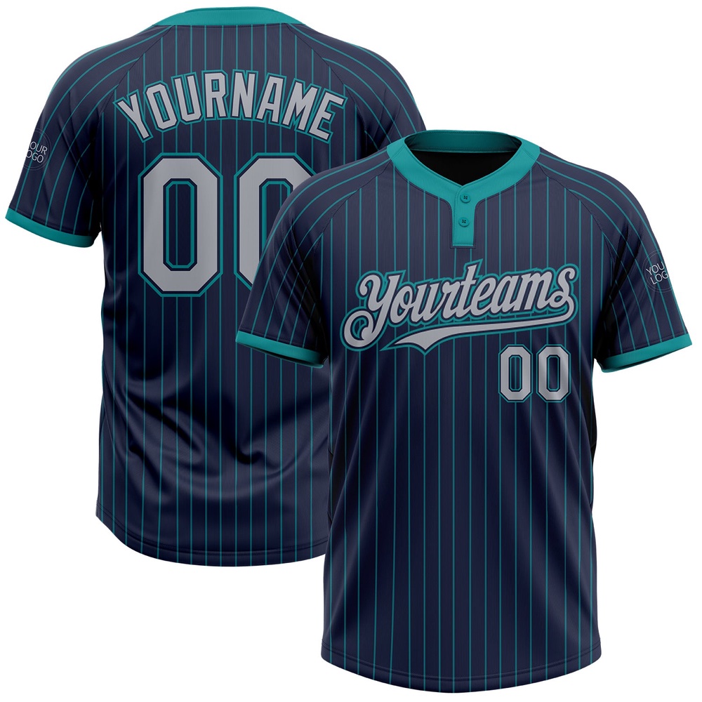 Navy Teal Pinstripe Gray Two Button Unisex Softball Jersey, Custom Team Softball Jersey
