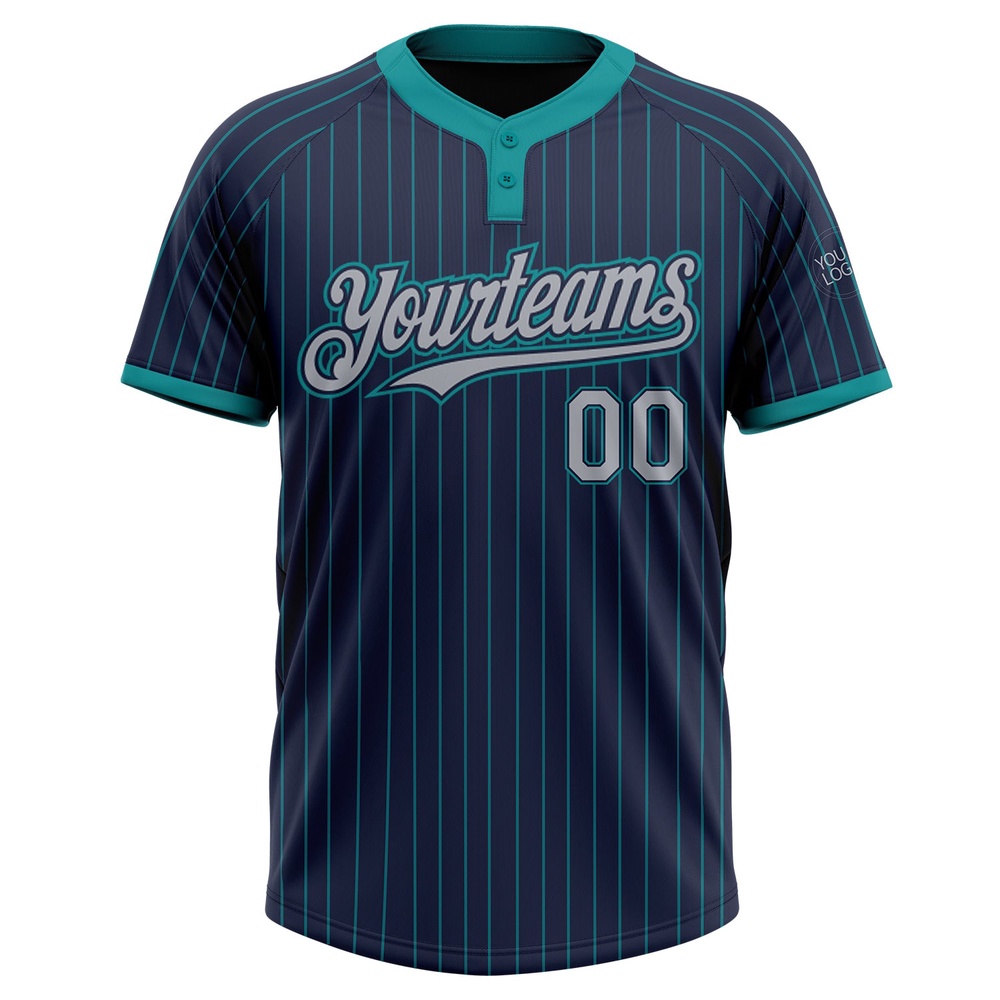 Navy Teal Pinstripe Gray Two Button Unisex Softball Jersey, Custom Team Softball Jersey