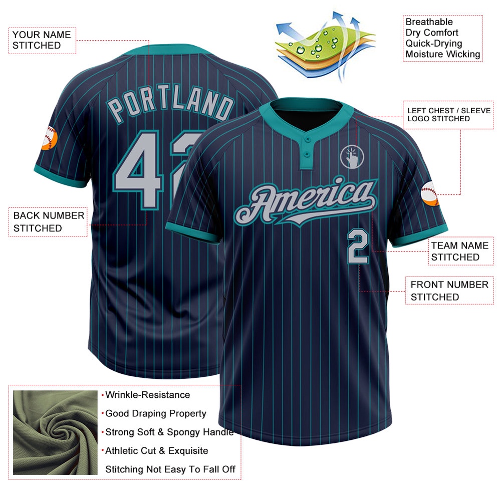 Navy Teal Pinstripe Gray Two Button Unisex Softball Jersey, Custom Team Softball Jersey