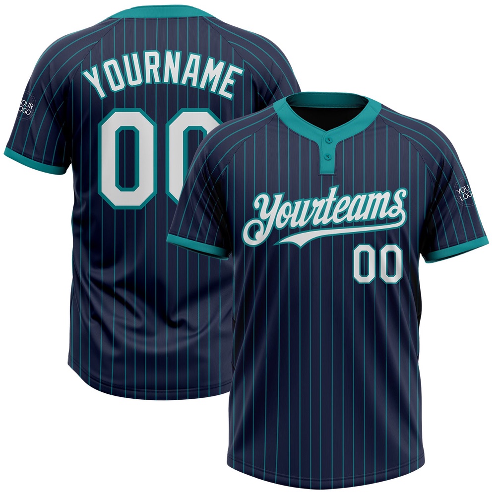 Navy Teal Pinstripe White Two Button Unisex Softball Jersey, Custom Team Softball Jersey