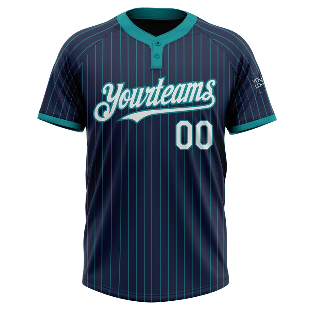 Navy Teal Pinstripe White Two Button Unisex Softball Jersey, Custom Team Softball Jersey