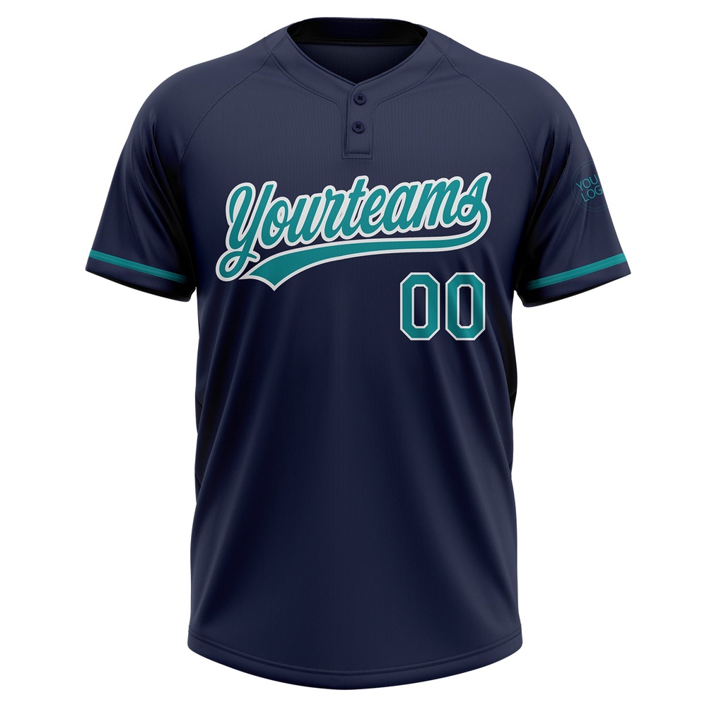 Navy Teal White Two Button Unisex Softball Jersey, Custom Team Softball Jersey