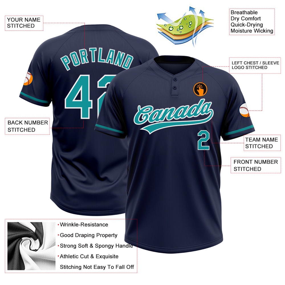 Navy Teal White Two Button Unisex Softball Jersey, Custom Team Softball Jersey
