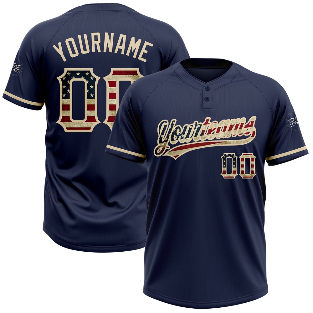Navy Vintage USA Flag City Cream Two Button Unisex Softball Jersey, Custom Team Softball Jersey