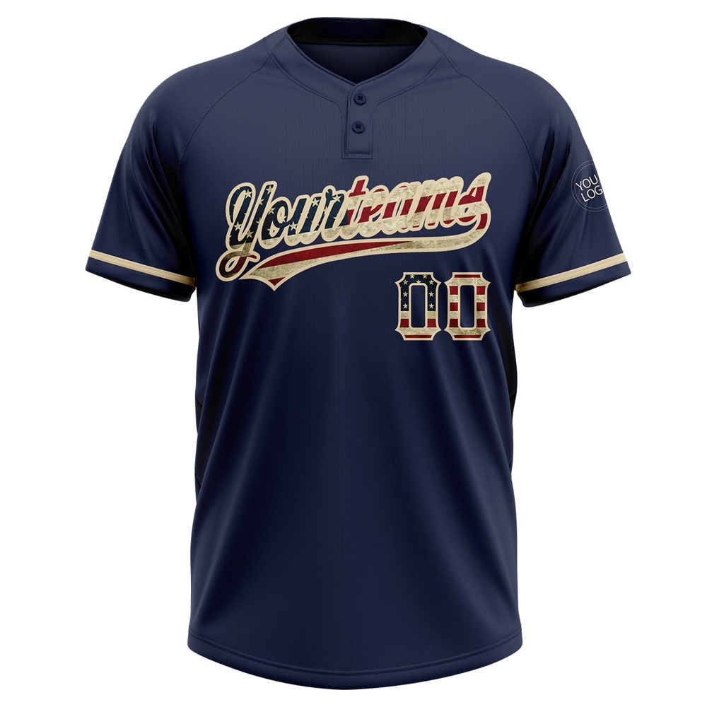 Navy Vintage USA Flag City Cream Two Button Unisex Softball Jersey, Custom Team Softball Jersey