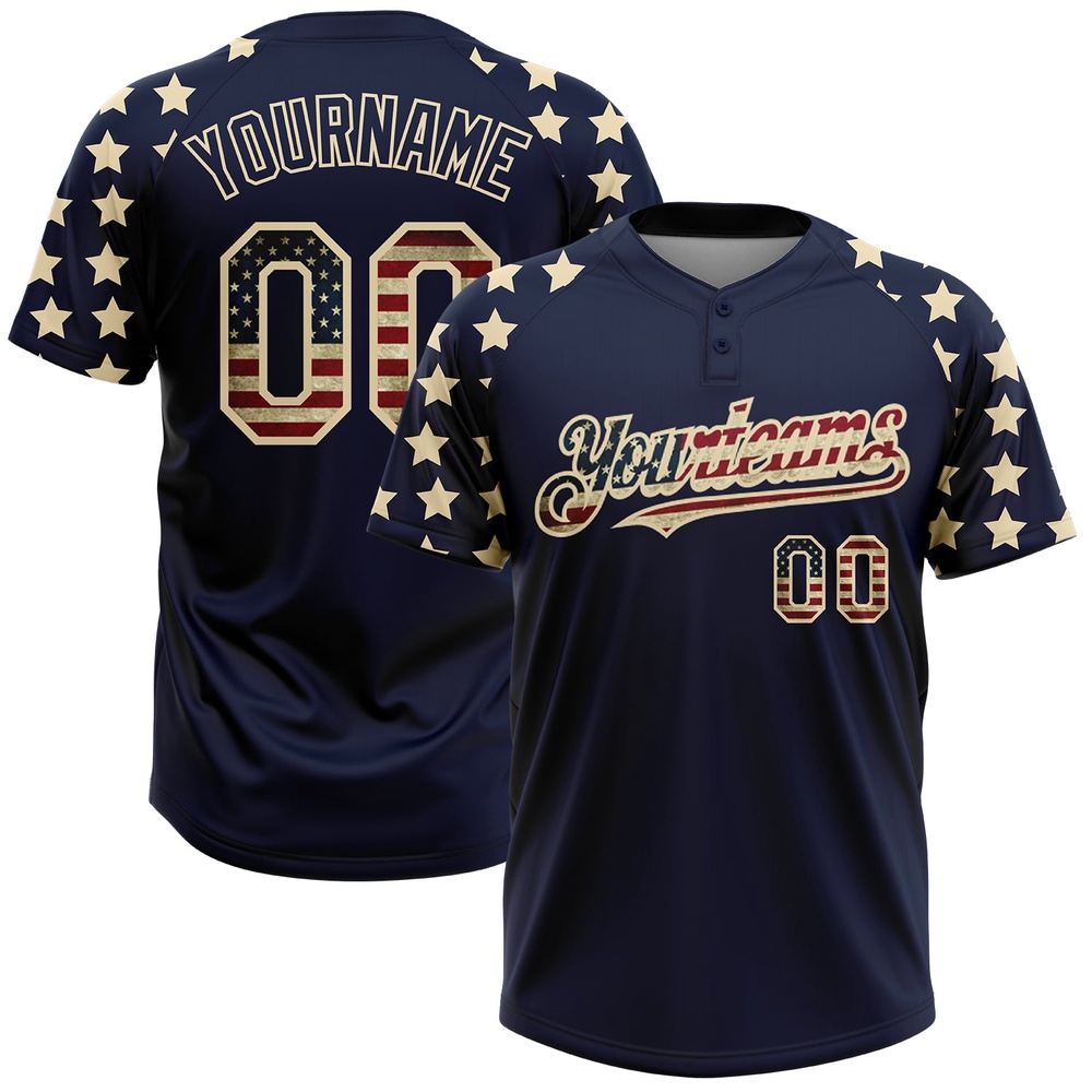 Navy Vintage USA Flag Cream 3D American Flag Fashion Two Button Unisex Softball Jersey, Custom Team Softball Jersey