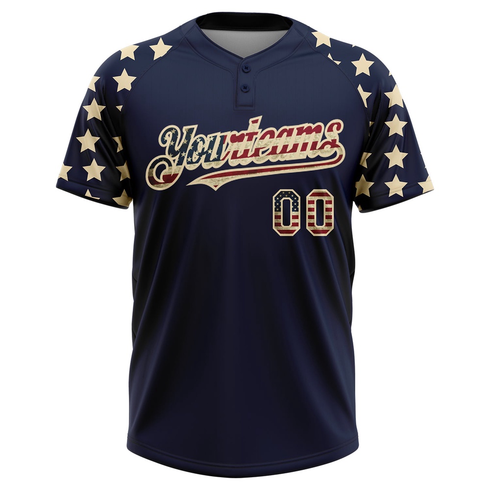 Navy Vintage USA Flag Cream 3D American Flag Fashion Two Button Unisex Softball Jersey, Custom Team Softball Jersey