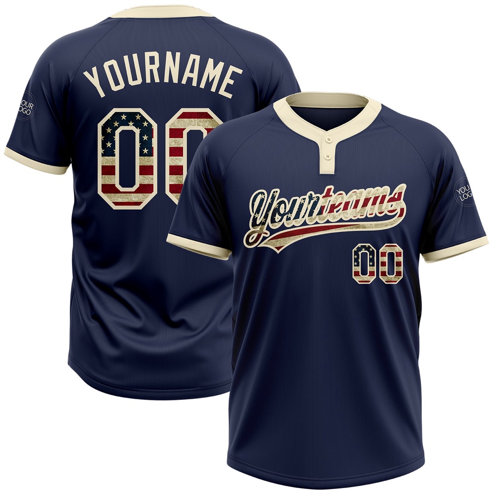 Navy Vintage USA Flag Cream Two Button Unisex Softball Jersey, Custom Team Softball Jersey Navy Vintage USA Flag Cream Two Button Unisex Softball Jersey, Custom Team Softball Jersey