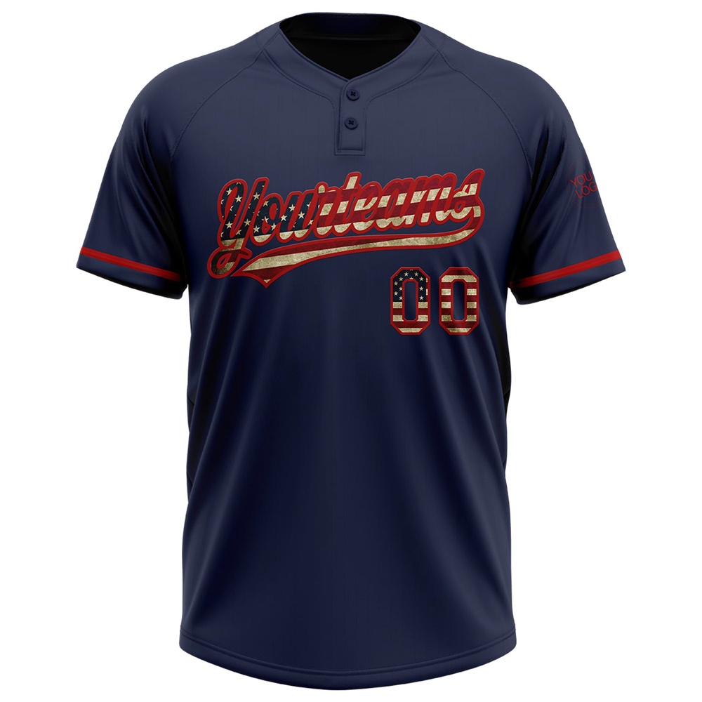 Navy Vintage USA Flag Red Two Button Unisex Softball Jersey, Custom Team Softball Jersey