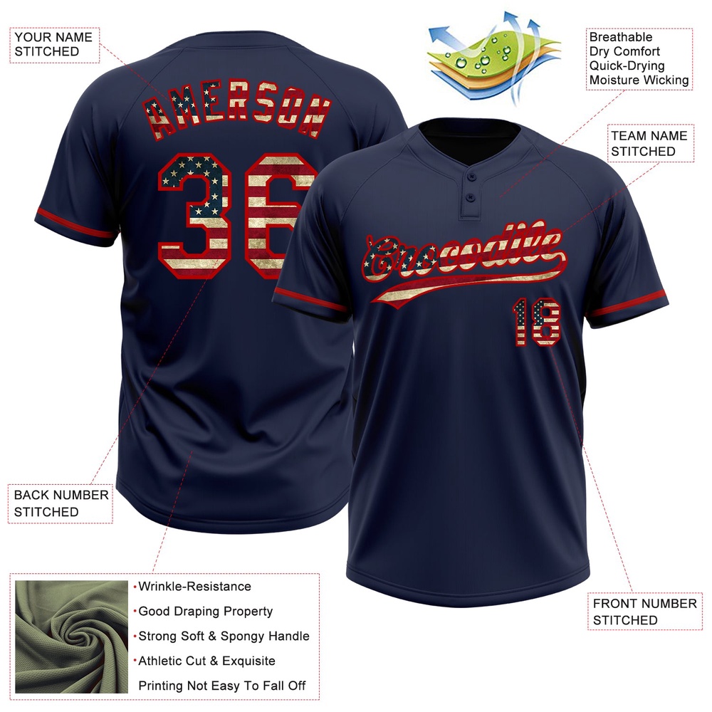 Navy Vintage USA Flag Red Two Button Unisex Softball Jersey, Custom Team Softball Jersey