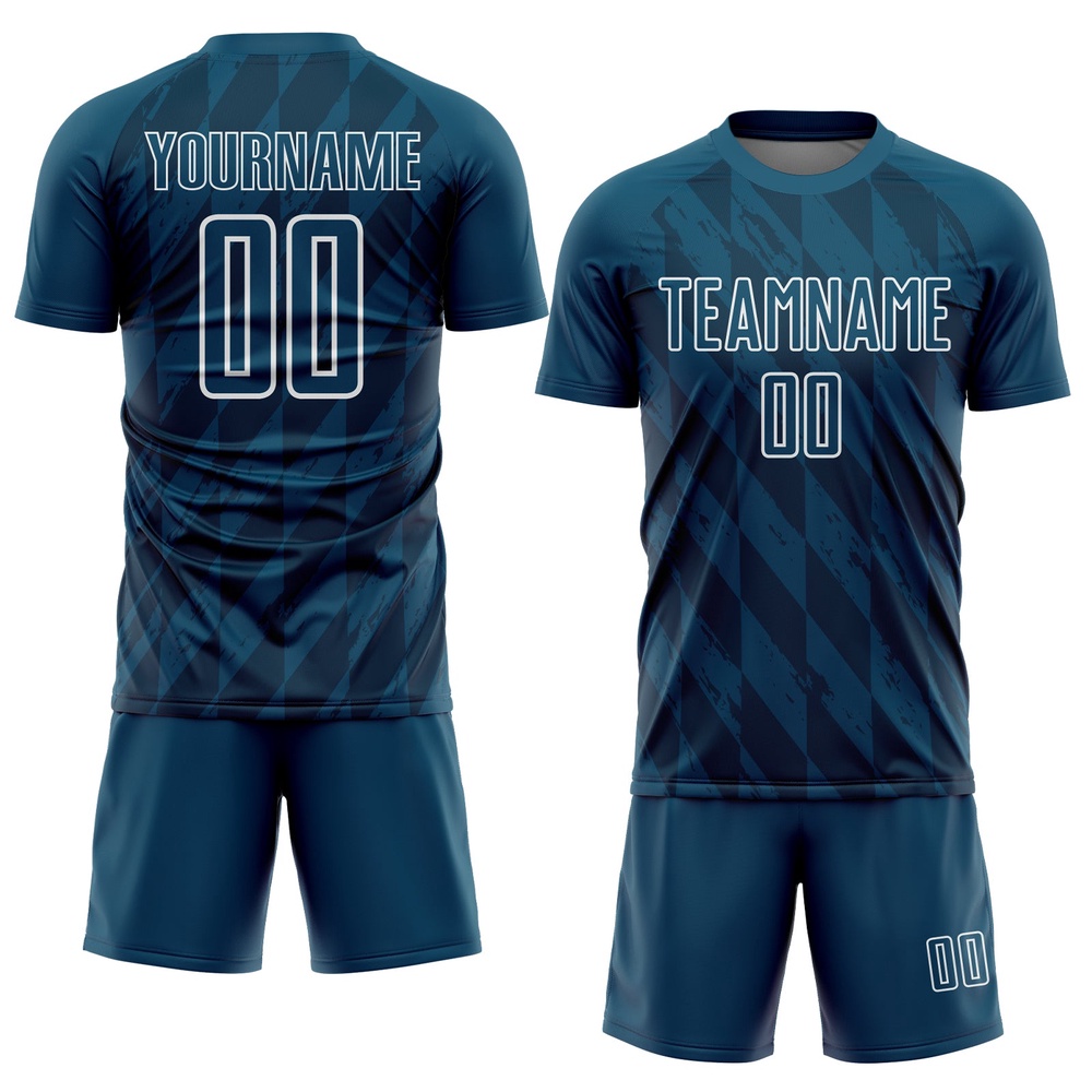 Navy White Geometric Shapes Sublimation Soccer Uniform Jersey, Custom Team Soccer Jersey Shirt