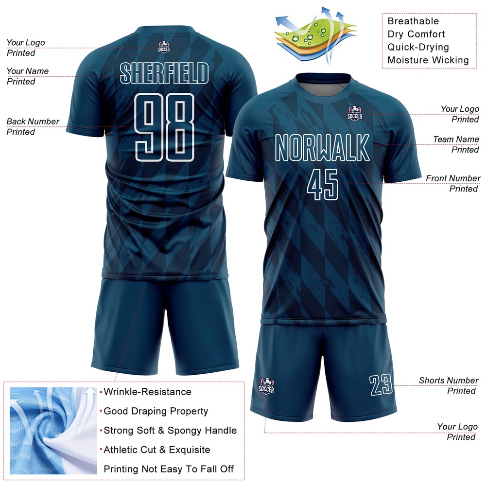 Navy White Geometric Shapes Sublimation Soccer Uniform Jersey, Custom Team Soccer Jersey Shirt