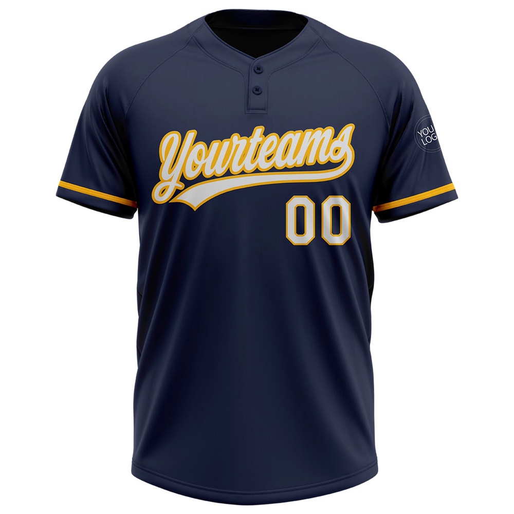 Navy White Gold Two Button Unisex Softball Jersey, Custom Team Softball Jersey