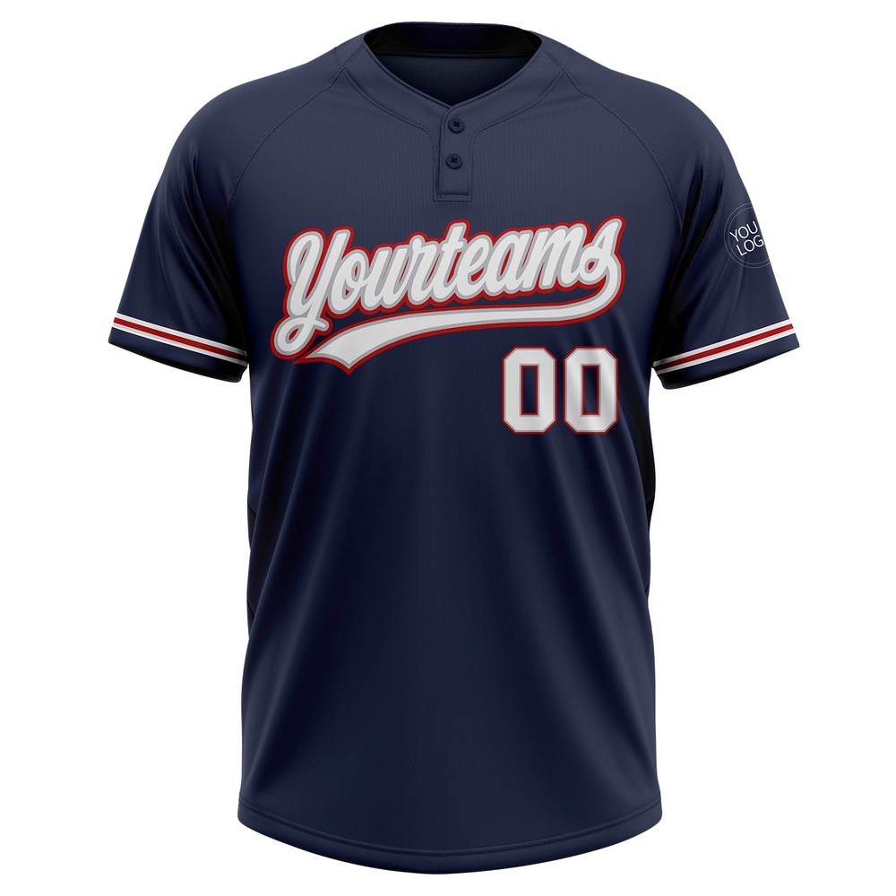 Navy White Gray Red Two Button Unisex Softball Jersey, Custom Team Softball Jersey Navy White Gray Red Two Button Unisex Softball Jersey, Custom Team Softball Jersey