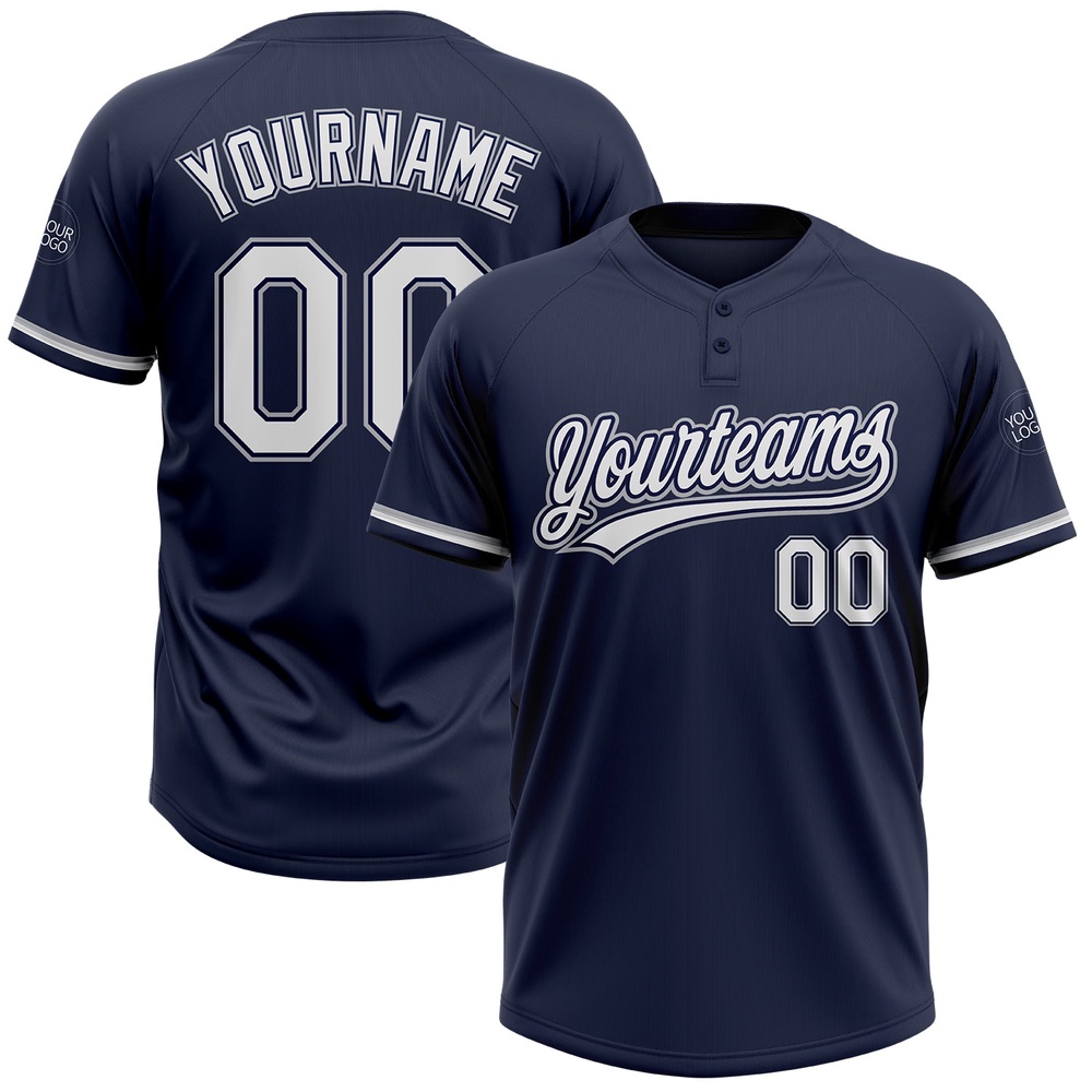 Navy White Gray Two Button Unisex Softball Jersey, Custom Team Softball Jersey