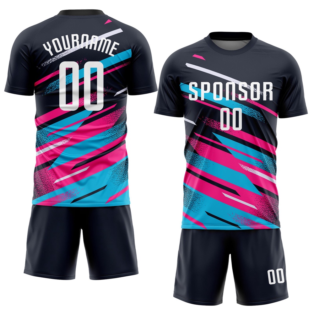 Navy White Pink Light Blue Sublimation Soccer Uniform Jersey, Custom Team Soccer Jersey Shirt Navy White Pink Light Blue Sublimation Soccer Uniform Jersey, Custom Team Soccer Jersey Shirt
