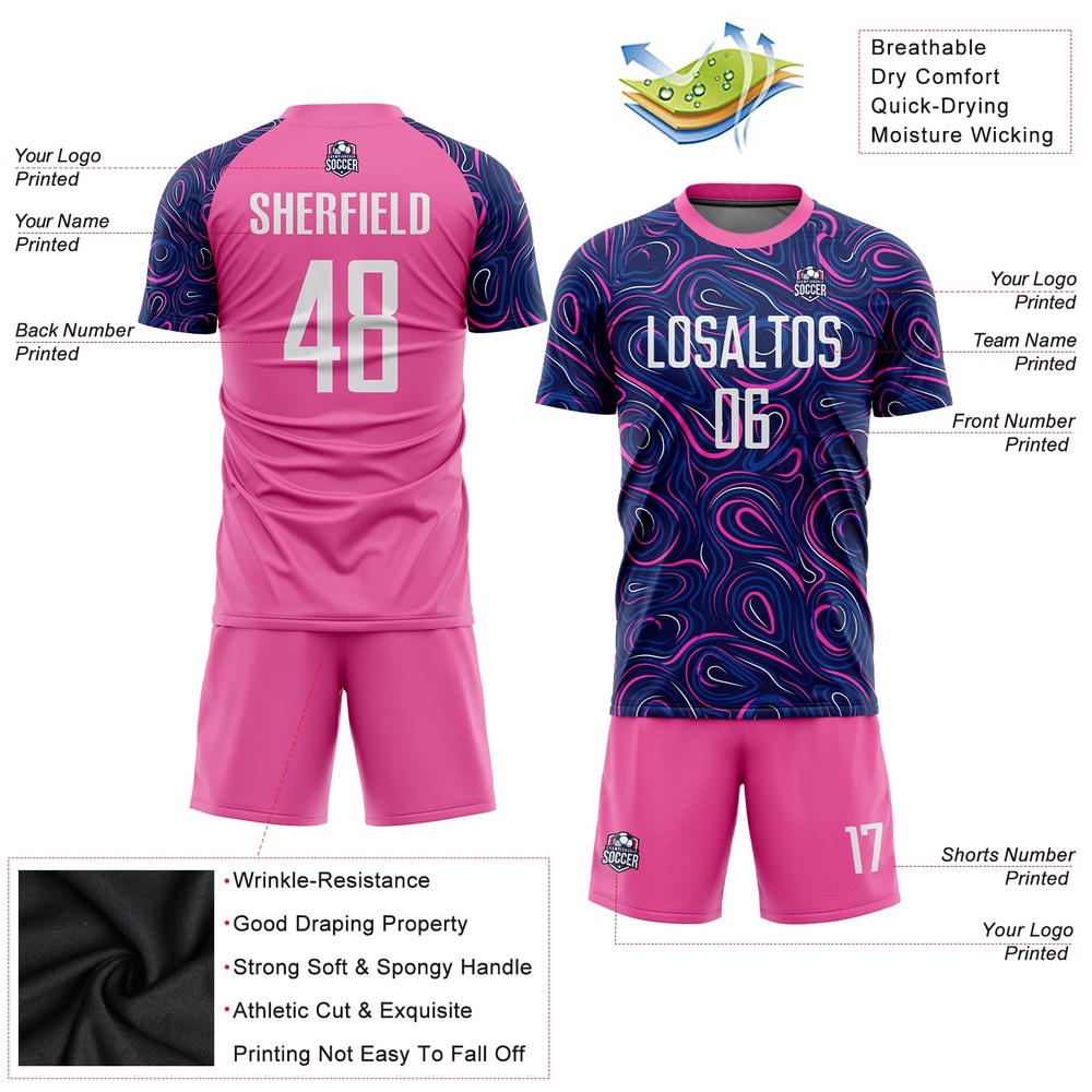 Navy White Pink Sublimation Soccer Uniform Jersey, Custom Team Soccer Jersey Shirt Navy White Pink Sublimation Soccer Uniform Jersey, Custom Team Soccer Jersey Shirt