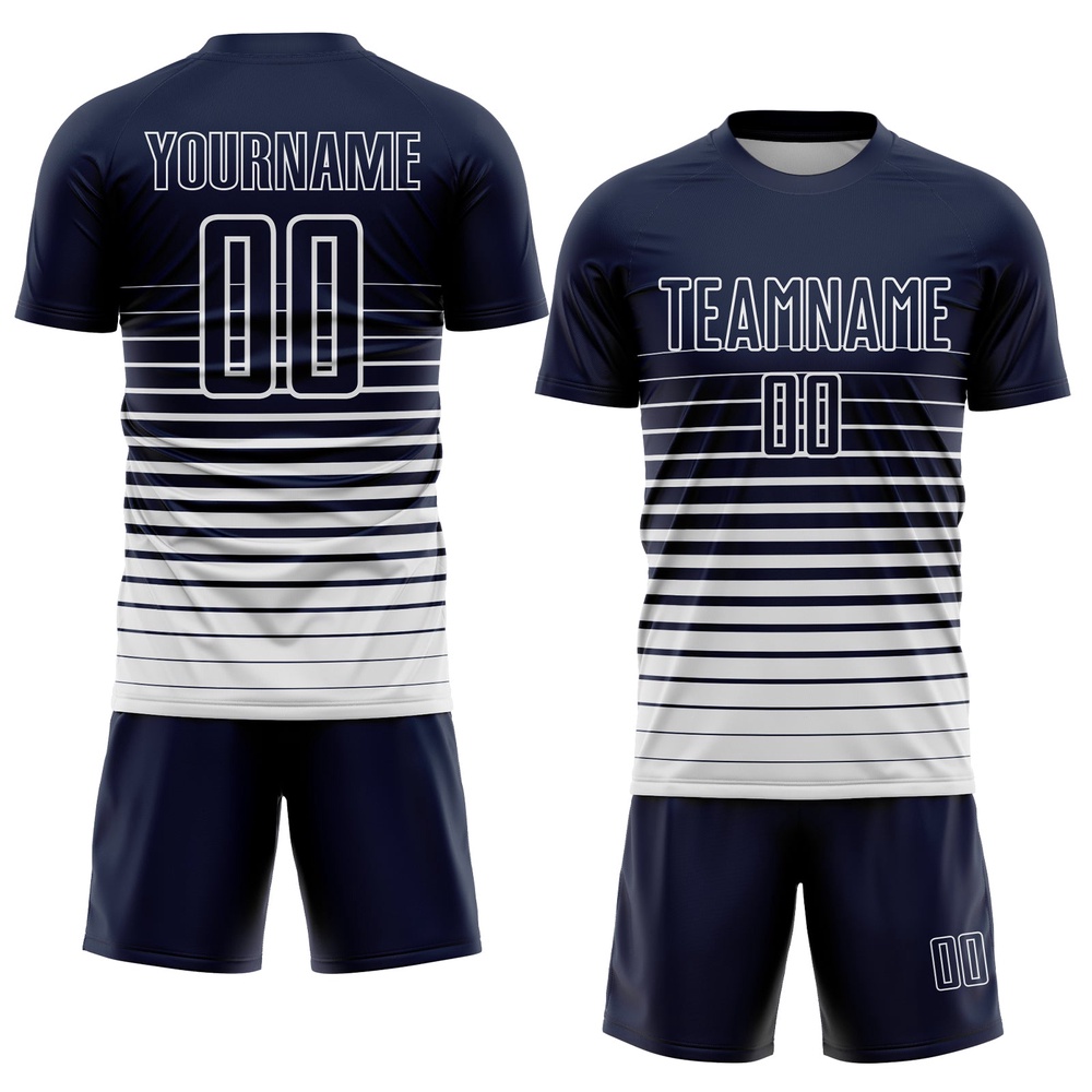 Navy White Pinstripe Fade Fashion Sublimation Soccer Uniform Jersey, Custom Team Soccer Jersey Shirt