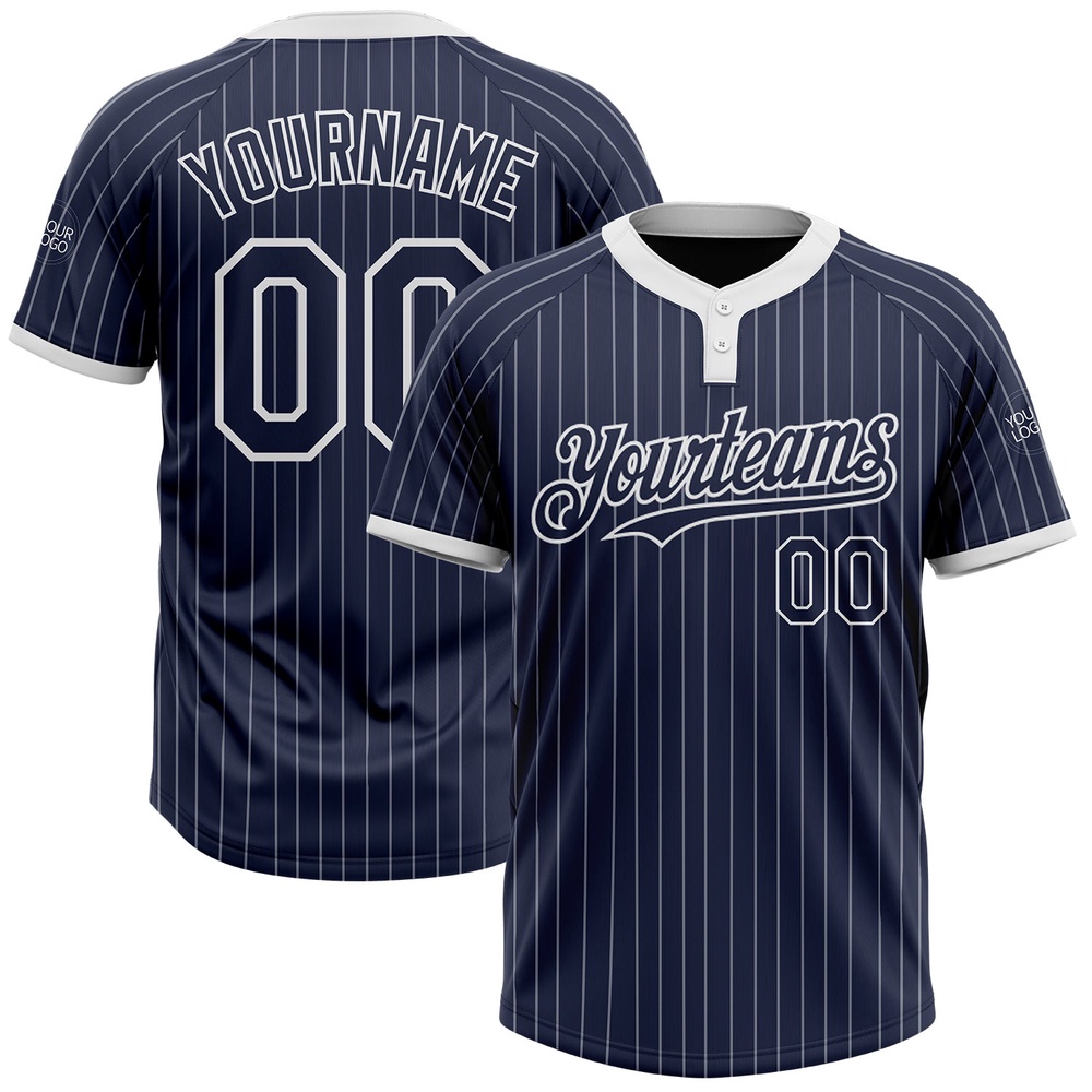 Navy White Pinstripe White Two Button Unisex Softball Jersey, Custom Team Softball Jersey