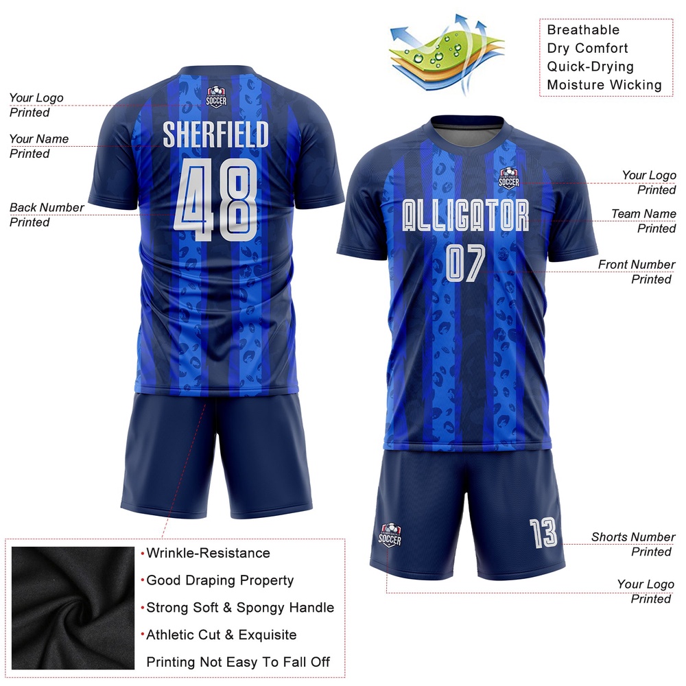 Navy White Royal Away Sublimation Soccer Uniform Jersey, Custom Team Soccer Jersey Shirt Navy White Royal Away Sublimation Soccer Uniform Jersey, Custom Team Soccer Jersey Shirt
