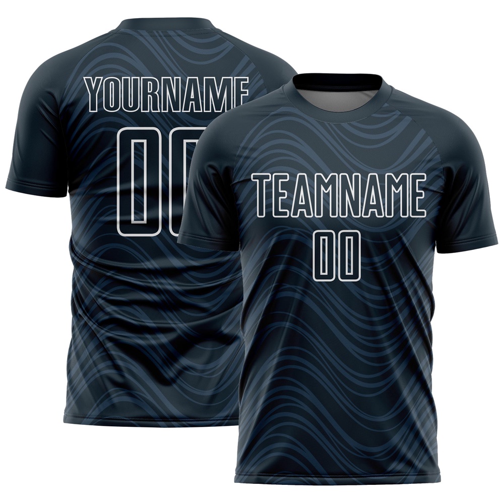 Navy White Wavy Lines Sublimation Soccer Uniform Jersey, Custom Team Soccer Jersey Shirt