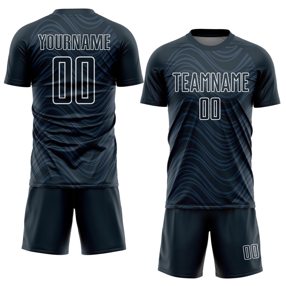 Navy White Wavy Lines Sublimation Soccer Uniform Jersey, Custom Team Soccer Jersey Shirt