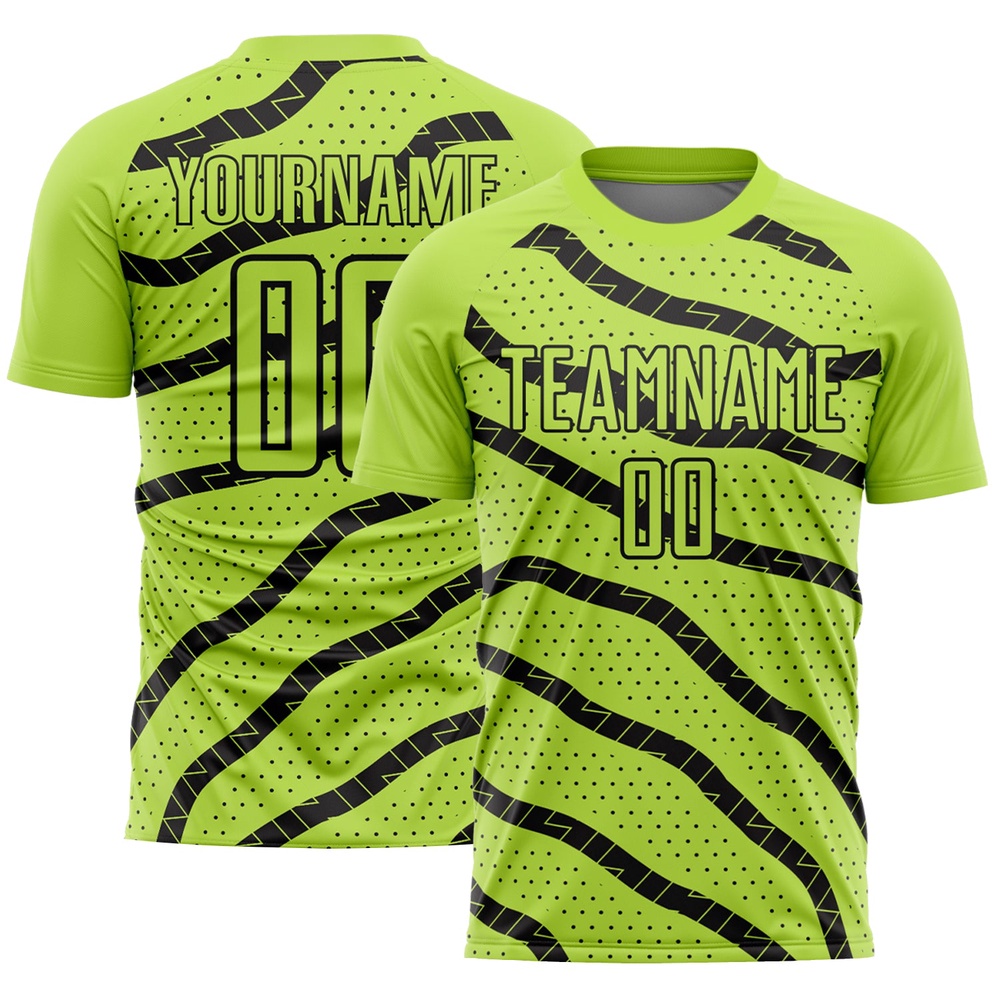 Neon Green Black Lines And Dots Sublimation Soccer Uniform Jersey, Custom Team Soccer Jersey Shirt Neon Green Black Lines And Dots Sublimation Soccer Uniform Jersey, Custom Team Soccer Jersey Shirt