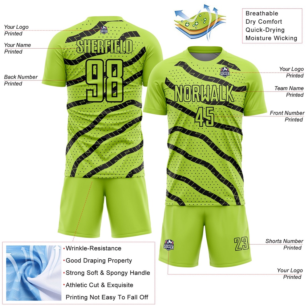 Neon Green Black Lines And Dots Sublimation Soccer Uniform Jersey, Custom Team Soccer Jersey Shirt Neon Green Black Lines And Dots Sublimation Soccer Uniform Jersey, Custom Team Soccer Jersey Shirt